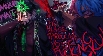 1boy 1girl absurdres beard black_hair blackberreh-art blood blood_on_face bloody_knife blue_hair dark-skinned_female dark_skin design_speculation elias_bouchard facial_hair glowing glowing_eyes green_eyes guro highres holding holding_knife jewelry knife makeup melanie_king multicolored_hair mustache necktie pink_hair red_pupils ring runny_makeup split-color_hair stab sweat the_magnus_archives two-tone_hair white_hair