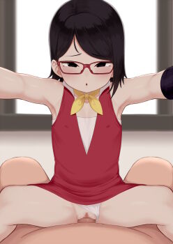 1boy 1girl atg_(wttoo0202) black_eyes black_hair boruto:_naruto_next_generations censored clothing_aside commentary_request dress glasses hetero highres loli looking_at_viewer mosaic_censoring naruto_(series) paid_reward_available panties panties_aside penis pov red-framed_eyewear red_dress sex uchiha_sarada underwear vaginal white_panties
