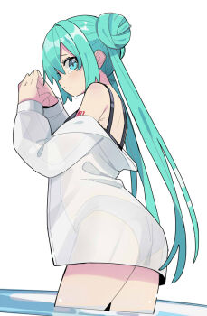 Rule 34 | 1girl, aqua eyes, aqua hair, arm tattoo, ass, back, bikini, black bikini, blush, breasts, closed mouth, commentary, cowboy shot, double bun, from behind, hair between eyes, hair bun, hands up, hatsune miku, highres, jacket, long hair, long sleeves, looking at viewer, looking back, mismatched bikini, number tattoo, off shoulder, pa. (tatuya28001), profile, raised inner eyebrows, see-through clothes, see-through jacket, sidelocks, simple background, solo, standing, steepled fingers, swimsuit, tattoo, tearing up, thighs, twintails, very long hair, vocaloid, wading, water, wet, white background, white bikini
