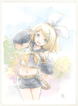 1girl belt blonde_hair blue_eyes bow commentary_request crop_top cropped_legs detached_sleeves epoxy_putty hair_bow hair_ornament hairclip hand_up kagamine_rin leaning_to_the_side long_sleeves midriff navel neckerchief open_mouth painting_(medium) sailor_collar shirt short_hair shorts sleeveless sleeveless_shirt smile solo traditional_media vocaloid watercolor_(medium)