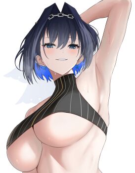 1girl absurdres arm_behind_head arm_up armpits black_hair black_shirt blue_eyes blue_hair bow bow_earrings breasts chain chain_headband colored_inner_hair commentary cropped_shirt earrings fanged_bangs grin hair_between_eyes hair_intakes highres hololive hololive_english jewelry large_breasts looking_at_viewer multicolored_hair ouro_kronii ouro_kronii_(1st_costume) pinstripe_pattern pinstripe_shirt shirt short_hair si_farid simple_background sleeveless sleeveless_shirt smile solo sweat underboob veil virtual_youtuber white_background white_veil