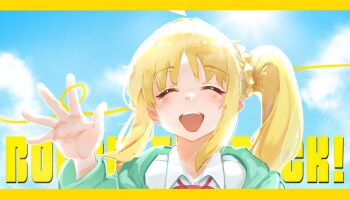 1girl ^_^ blonde_hair blue_sky bocchi_the_rock! braid closed_eyes collared_shirt commentary_request copyright_name geene hand_up highres ijichi_nijika jacket long_hair long_sleeves open_clothes open_jacket open_mouth parted_bangs portrait pstoo shirt side_ponytail side_ponytail_with_braided_base sky smile solo waving white_shirt wing_collar yellow_theme