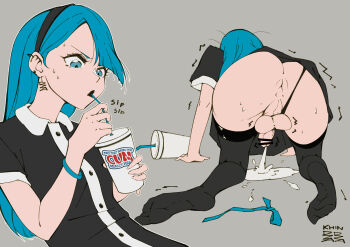 1boy all_fours anus artist_logo artist_name artist_self-insert artist_self-reference ass asymmetrical_bangs bar_censor black_hairband black_shirt blue_eyes blue_hair censored clothing_aside collared_shirt cum cum_on_floor cum_pool cup drinking drinking_straw earrings ejaculation flat_chest grey_background hair_over_one_eye hairband highres jewelry khindzadza khindzadza_(character) logo long_hair pale_skin panties panties_aside partially_undressed penis perineum projectile_cum ribbon shaking shirt simple_background splatter sweatdrop testicles text_focus thighhighs trap underwear