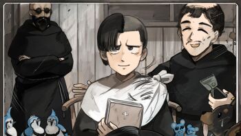 3boys aged_down bald beard bible_(object) bird black_hair blue_jay chicken commentary cutting_another's_hair cutting_hair diva_(hyxpk) dobermann dog english_commentary facial_hair father_(diva) hair_clipper highres little_nuns_(diva) male_focus mouse_(animal) multiple_boys no_eyes priest round_eyewear sunglasses