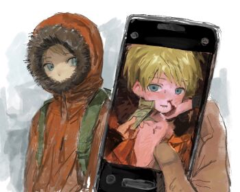 2boys backpack bag banknote blonde_hair blood blue_eyes cellphone_photo commentary covered_mouth dollar_bill fur-trimmed_hood fur_trim highres holding holding_money hood injury jacket kakutou15 kenny_mccormick looking_at_viewer male_focus money multiple_boys nosebleed open_clothes open_jacket orange_jacket pov pov_hands saliva shota south_park symbol-only_commentary yaoi
