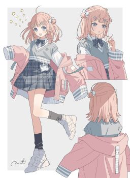1girl ahoge black_bow black_bowtie black_socks blue_bow blush border bow bowtie collared_shirt double_bun full_body grey_background grey_eyes hair_bow hair_bun hair_ornament hairclip highres hood jacket long_sleeves looking_at_viewer medium_hair moo_n_moko multiple_views off_shoulder open_mouth original pink_hair pink_jacket plaid_clothes plaid_skirt pleated_skirt school_uniform shirt shoes signature skirt sleeves_past_fingers sleeves_past_wrists smile sneakers socks standing standing_on_one_leg star_(symbol) sweater_vest white_border white_bow white_shirt white_shoes