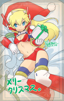 Rule 34 | 1girl, ahoge, artist name, bikini, blonde hair, blue eyes, box, breasts, choukadou girl 1/6, closed mouth, commentary request, dated, fur-trimmed headwear, fur trim, gift, gift box, hair between eyes, hat, headgear, highres, holding, holding gift, holding sack, light smile, long hair, looking at viewer, mecha musume, medium breasts, merry christmas, navel, nona (choukadou girl 1/6), oyster (artist), red bikini, red hat, sack, santa hat, solo, swimsuit, thighs, translated