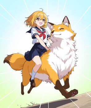 1girl ahoge blue_sailor_collar blue_skirt brown_eyes brown_shoes commentary_request dot_nose emphasis_lines fox full_body gradient_background highres loafers neckerchief open_mouth orange_hair original pleated_skirt red_neckerchief riding riding_animal running sailor_collar school_uniform serafuku shirt shoes short_hair short_sleeves sitting skirt smile socks solo summer_uniform take_zenni_chikuzenni white_shirt white_socks