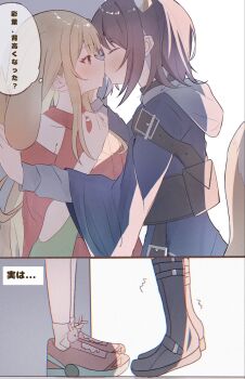 Rule 34 | 2girls, animal ears, black boots, blonde hair, blue hoodie, blush, boots, cho kaguya-hime!, closed eyes, commentary request, fox ears, fox girl, fox tail, highres, hood, hoodie, japanese clothes, kaguya (cho kaguya-hime!), kimono, kiss, multiple girls, purple hair, rabbit ears, red eyes, red kimono, red shoes, sakayori iroha, shoes, short hair, speech bubble, tail, thought bubble, tiptoes, touka127430, translation request, yuri