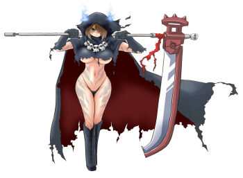1girl alternate_breast_size_(larger) alternate_costume black_boots black_cloak black_panties boots breasts brown_hair cloak closed_mouth commentary_request cosplay death_(entity) full_body green_eyes grim_reaper grim_reaper_(cosplay) hair_over_one_eye holding holding_scythe itini-sanshi jewelry large_breasts looking_at_viewer necklace panties red_cloak rozen_maiden scythe short_hair simple_background skull_necklace smile solo souseiseki two-sided_cloak two-sided_fabric underboob underwear white_background