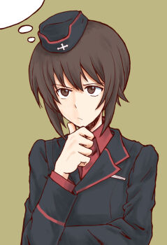 Rule 34 | 10s, 1girl, brown eyes, brown hair, female focus, garrison cap, girls und panzer, green background, hand on own chin, hat, kuromorimine military uniform, mutsu (layergreen), nishizumi maho, olive background, short hair, solo, speech bubble, thinking, thought bubble