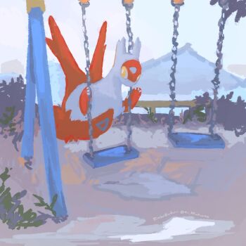 claws closed_mouth dragon full_body gen_3_pokemon highres kusuburu11 latias legendary_pokemon mountain nintendo no_humans outdoors pokemon pokemon_(creature) pokemon_focus swing_set wings yellow_eyes