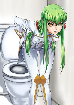 >:) 1girl ass bent_over bleachist c.c. cameltoe closed_mouth code_geass commentary_request eyebrows_hidden_by_hair feet_out_of_frame frown gloves green_hair hair_between_eyes hair_over_shoulder hands_on_own_hips highres indoors long_hair long_sleeves looking_at_viewer nose pants shirt sidelocks solo standing straight_hair toilet tsurime unamused undressing v-shaped_eyebrows very_long_hair white_gloves white_pants white_shirt yellow_eyes