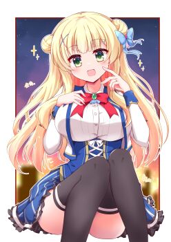 1girl 2022 :d absurdres black_thighhighs blonde_hair blue_bow blue_corset blue_ribbon blue_skirt blunt_bangs blush bow breasts chest_jewel commentary_request convenient_leg corset dated_commentary double_bun eyelashes feet_out_of_frame finger_to_cheek framed frilled_skirt frills green_eyes hair_bow hair_bun hair_ornament hair_ribbon hairclip hakutocake hands_up head_tilt highres kin-iro_loveriche knees_together_feet_apart knees_up large_breasts long_hair long_sleeves looking_at_viewer miniskirt night open_mouth outdoors red_bow ribbon school_uniform shirt sidelocks sitting skirt sky smile solo sparkle star_(sky) starry_sky straight-on sylvia_le_cruzcrown_sortilege_sisua thighhighs thighs wavy_hair white_shirt x_hair_ornament zettai_ryouiki