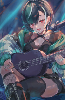 Rule 34 | 1girl, absurdres, aqua hair, aqua nails, black hair, black shirt, black skirt, black thighhighs, breasts, cleavage, fang, fishnet socks, fishnets, halterneck, highres, hololive, hololive dev is, jacket, kama boko17, looking at viewer, medium hair, mole, mole on neck, multicolored hair, nail polish, official alternate costume, open mouth, red eyes, rindo chihaya, rindo chihaya (flowglow uniform), shirt, skin fang, skirt, smile, socks, solo, streaked hair, thighhighs, virtual youtuber, white jacket, white streaks