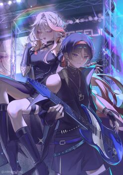 1boy 1girl alternate_costume ash_mirai asymmetrical_sidelocks asymmetrical_sleeves bare_shoulders black_boots black_choker black_dress black_gloves black_jacket black_nails black_shirt black_shorts black_sleeves boots breasts casual choker cleavage closed_eyes closed_mouth collared_jacket colored_eyelashes commission contemporary criss-cross_halter curtained_hair detached_sleeves dress earrings electric_guitar eyeliner eyeshadow facing_to_the_side fingerless_gloves fishnet_gloves fishnet_sleeves fishnets front_slit genshin_impact glint gloves gold_necklace gold_pendant guitar hair_branch hairband halterneck hand_up headset high-low_dress high_heel_boots high_heels highres holding holding_guitar holding_instrument instrument jacket jewelry large_breasts long_hair long_sleeves looking_at_viewer low_ponytail makeup middle_ring mismatched_sleeves multicolored_hair mystical_high_collar necklace oc_x_canon official_alternate_hairstyle open_clothes open_jacket open_mouth orange_hair original pink_hair pointy_ears ponytail purple_eyes purple_eyeshadow red_eyeliner red_eyeshadow red_hair scaffolding scaramouche_(genshin_impact) second-party_source shirt shorts sidelocks single_hair_intake single_off_shoulder single_sleeve sitting stage stage_lights standing streaked_hair thigh_strap tsurime
