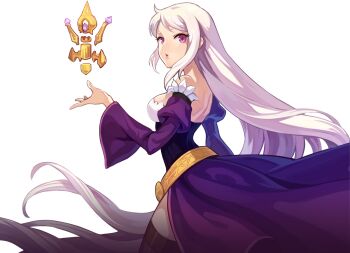 Rule 34 | 1girl, alpha transparency, arched back, artist request, bare shoulders, belt, black leotard, breasts, brown thighhighs, cowboy shot, detached sleeves, floating, floating object, gold belt, highres, juliet sleeves, large breasts, leotard, lips, long hair, long skirt, long sleeves, looking at viewer, nexon, official art, open hand, parted lips, puffy sleeves, purple eyes, purple skirt, purple sleeves, ribbed leotard, roamini, second-party source, showgirl skirt, sidelocks, simple background, skinny, skirt, solo, straight hair, tales weaver, thighhighs, transparent background, underbust, very long hair, white hair, wide sleeves