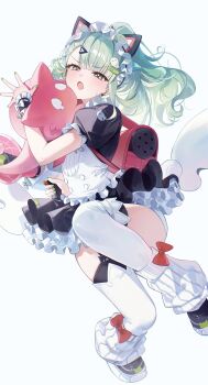 Rule 34 | 1girl, absurdres, animal ear hairband, animal ears, black dress, bow, cat ear hairband, cat ears, commentary request, dress, fake animal ears, fang, ghost hair ornament, green eyes, green hair, hair ornament, hairband, highres, leg warmers, looking at viewer, maid, maid headdress, myowa, official alternate costume, open mouth, red bow, shoes, short sleeves, simple background, solo, sunna (afternoon tea break) (zenless zone zero), sunna (zenless zone zero), thighhighs, white background, white leg warmers, white thighhighs, zenless zone zero