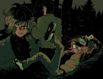 3boys :3 arm_behind_head baseball_cap dark forest glasses green_theme grin hat hitchhiker_a_(randal's_friends) legs_up limited_palette long_sleeves looking_at_viewer looking_back luther_von_ivory lying multiple_boys nature on_back on_ground orange_hair randal's_friends randal_ivory sandals scarlet_ninjya short_hair smile sparkling_eyes tongue tongue_out vest wavy_hair