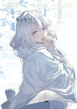 1boy 2026 blue_eyes blush branch commentary_request crown day fate/grand_order fate_(series) fingernails from_side fur_collar hair_between_eyes hands_up happy_new_year highres long_sleeves male_focus new_year oberon_(fate) oberon_(second_ascension)_(fate) open_mouth outdoors own_hands_together robe short_hair snow solo teeth tree watermark white_hair white_robe wide_sleeves winter yu_(yyy6_y1_yy7)