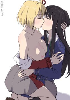 2girls black_hair blonde_hair blue_dress breasts closed_eyes commentary daimyo0208 dress french_kiss green_ribbon hair_ribbon highres inoue_takina kiss large_breasts long_hair lycoris_recoil multiple_girls neck_ribbon nipples nishikigi_chisato open_collar red_dress red_ribbon ribbon short_hair simple_background sitting sitting_on_lap sitting_on_person topless_female twitter_username undone_neck_ribbon white_background yuri