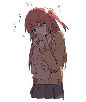 1girl bocchi_the_rock! brown_shirt commentary green_eyes grey_skirt haru_(konomi_150) heart heart-shaped_pupils highres implied_yuri jacket kita_ikuyo long_hair one_side_up pink_jacket pleated_skirt red_hair sailor_collar school_uniform shirt shuka_high_school_uniform simple_background skirt smelling smelling_clothes solo symbol-shaped_pupils white_background white_sailor_collar