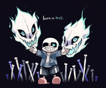 1boy black_shorts blue_eyes blue_jacket bone gasterblaster glowing grin jacket male_focus outstretched_arms pink_slippers sans_(undertale) shirt shorts skeleton slippers smile solo standing teeth terada_tera undertale utdr_(toby_fox) white_shirt