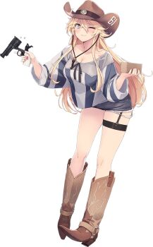 1girl alternate_costume bad_link blonde_hair blue_eyes boots box cowboy_boots cowboy_hat cutoffs denim denim_shorts full_body grey_shorts gun handgun hat iowa_(kancolle) iowa_(setsubun)_(kancolle) kantai_collection leaning_forward long_hair masu official_art one_eye_closed revolver setsubun shirt shizuma_yoshinori shorts solo star-shaped_pupils star_(symbol) striped_clothes striped_shirt symbol-shaped_pupils thigh_strap transparent_background weapon