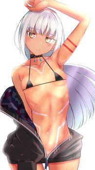 1girl arm_up azur_lane black_bra black_jacket blush bra breasts choker collarbone dark-skinned_female dark_skin dot_nose female_focus functionally_nude head_tilt jacket kuyu730 long_hair massachusetts_(azur_lane) navel open_clothes open_jacket shiny_skin small_breasts solo standing sweat underwear white_background white_hair yellow_eyes