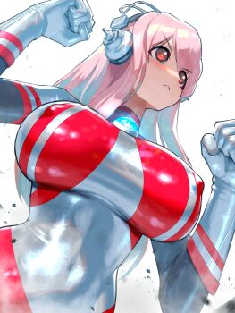 1girl blush bodysuit breasts cosplay headphones highres large_breasts long_hair nikunopengin nitroplus parody pink_eyes pink_hair skin_tight solo super_sonico tokusatsu ultra_series ultraman ultraman_(cosplay) ultraman_suit_(hero's_comics)
