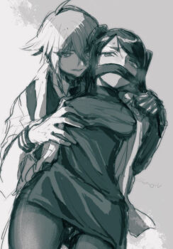 2girls ahoge blush breasts cowboy_shot dana_zane gag gagged greyscale jill_stingray monochrome mugitarou multiple_girls open_clothes short_hair shy smile steam sweat twintails va-11_hall-a yuri