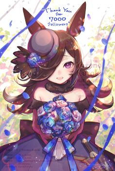 Rule 34 | 1girl, animal ears, bare shoulders, baseball cap, blue dress, blue flower, blue hat, blue ribbon, blue rose, blush, bouquet, brown hair, commentary request, dagger, dress, flipped hair, flower, fur choker, hair over one eye, hat, hat flower, highres, holding, holding bouquet, horse ears, horse girl, knife, long hair, long sleeves, looking at viewer, milestone celebration, off-shoulder dress, off shoulder, open mouth, purple eyes, ribbon, rice shower (rosy dreams) (umamusume), rice shower (umamusume), rose, sheath, sheathed, smile, solo, tilted headwear, umamusume, weapon, y kuroki