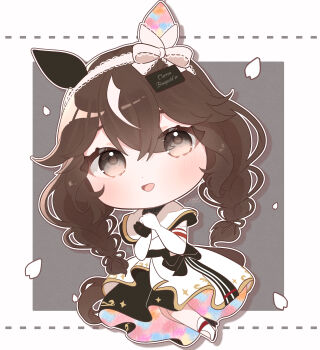 1girl absurdres animal_ears asymmetrical_gloves black_gloves blush bow_hairband braid braided_sidelocks breasts brown_hair chibi chibi_only curren_bouquetd&#039;or_(umamusume) dress elbow_gloves gloves grey_eyes hair_between_eyes hair_ornament hairband highres horse_ears horse_girl horse_tail kurumiya_(krmy_p) long_braid long_hair looking_at_viewer low_twin_braids mismatched_ear_covers mismatched_gloves open_mouth shoes smile solo tail twin_braids umamusume white_dress white_gloves white_hairband white_streaks