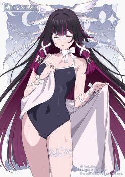 1girl alternate_costume aoi_suzu artist_logo black_one-piece_swimsuit chromatic_aberration closed_eyes closed_mouth colored_inner_hair columbina_(genshin_impact) commentary_request covered_navel eye_mask genshin_impact gradient_hair hair_ornament highres holding holding_towel logo long_hair mask multicolored_hair one-piece_swimsuit purple_hair smile solo streaked_hair swimsuit thighs towel very_long_hair wing_hair_ornament