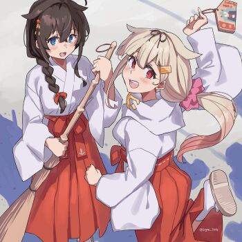 2girls :d blonde_hair blue_eyes blush broom brown_hair commentary_request ema from_above hair_flaps hair_ornament hair_ribbon hair_scrunchie hakama hakama_skirt highres japanese_clothes kantai_collection kimono long_hair looking_at_viewer medium_hair miko multiple_girls open_mouth outdoors ponytail red_eyes red_hakama red_ribbon red_skirt ribbon scrunchie shadow shigure_(kancolle) shigure_kai_ni_(kancolle) skirt smile sugue_tettou teeth twitter_username upper_teeth_only white_kimono yuudachi_(kancolle) yuudachi_kai_ni_(kancolle)