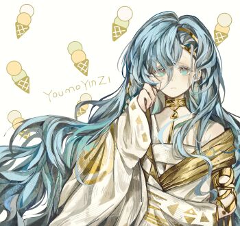 Rule 34 | 1girl, 37 (reverse:1999), absurdres, ancient greek clothes, armlet, artist name, blue eyes, blue hair, chinese commentary, commentary request, food, food-themed background, frown, gold choker, greco-roman clothes, hand up, highres, ice cream, jewelry, long hair, looking at viewer, multiple scoops, reverse:1999, solo, toga, upper body, very long hair, white background, youmo yinzi