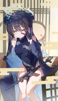 1girl absurdres architecture bare_shoulders black_dress black_gloves black_hair black_jacket blue_archive blue_eyes blush breasts butterfly_hair_ornament china_dress chinese_clothes closed_mouth commentary double_bun dragon_print dress east_asian_architecture eyelashes eyes_visible_through_hair feet_out_of_frame feng1180 gloves grey_halo gun hair_between_eyes hair_bun hair_ornament halo hand_up highres indoors jacket kisaki_(blue_archive) long_hair open_clothes open_jacket opened_by_self print_dress sitting sleeveless sleeveless_dress small_breasts smile solo striped_clothes striped_jacket thighs tsurime twintails v v_over_eye vertical-striped_clothes vertical-striped_jacket weapon