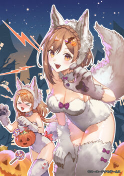 &gt;_&lt; 2girls animal_ears animal_hands atelier_(series) atelier_resleriana atelier_ryza bare_shoulders blush breasts character_request cleavage cowboy_shot forest gloves halloween halloween_bucket halloween_costume highres large_breasts leotard multiple_girls nature night official_art open_mouth paw_gloves reisalin_stout second-party_source star_(sky) tail thighhighs umiu_geso white_leotard white_thighhighs wolf_ears wolf_tail