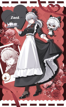 1girl absurdres aete alternate_costume apron black_dress black_eyes black_gloves black_horns black_shoes black_tail breasts button_gap chest_harness collared_dress commentary curled_horns demon_tail dress english_commentary enmaided flower full_body gloves grey_hair hair_between_eyes harness high_heels highres horns large_breasts long_dress long_hair looking_at_viewer maid multicolored_eyes multicolored_hair parted_lips red_eyes red_flower red_rose rose shoes simple_background sleeves_rolled_up solo streaked_hair tail two-tone_eyes waist_apron white_background wuthering_waves zani_(wuthering_waves)