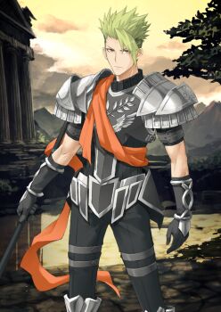 Rule 34 | 1boy, achilles (fate), armor, armored boots, black gloves, black pants, black shirt, boots, bracer, breastplate, closed mouth, cowboy shot, fate/grand order, fate (series), gloves, green hair, holding, holding polearm, holding weapon, konoe ototsugu, legs apart, looking at viewer, male focus, official art, orange sash, pants, pauldrons, polearm, sash, shirt, short hair, short sleeves, shoulder armor, shoulder sash, solo, spiked hair, standing, thigh strap, third-party source, undercut, variant set, weapon, yellow eyes
