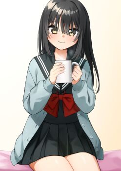 1girl asuka_gin black_hair black_sailor_collar black_serafuku black_skirt blue_cardigan bow brown_eyes cardigan closed_mouth commentary_request cowboy cup gradient_background hair_between_eyes highres holding holding_cup light_blush long_hair long_sleeves looking_at_viewer mug open_cardigan open_clothes original pleated_skirt red_bow sailor_collar school_uniform serafuku shirt sitting skirt sleeves_past_wrists smile solo western yellow_background