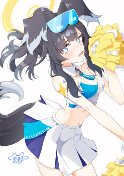 1girl absurdres animal_ears artist_logo artist_name black_hair blue_archive blue_eyes blush breasts cheerleader commentary_request dog_ears dog_girl dog_tail goggles goggles_on_head halo hibiki_(blue_archive) hibiki_(cheer_squad)_(blue_archive) highres holding holding_pom_poms logo long_hair looking_at_viewer mashi_stkt millennium_cheerleader_outfit_(blue_archive) navel official_alternate_costume open_mouth pom_pom_(cheerleading) pom_poms simple_background skirt solo star_(symbol) star_sticker sticker sticker_on_arm tail white_background yellow_halo