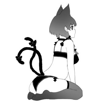 13o 1girl alternate_costume animal_ears arm_support ass bare_shoulders black_bow blunt_bangs bow bra braid breasts cat_ears cat_tail expressionless extra_ears eyebrows_hidden_by_hair from_side grey_thighhighs greyscale hair_bow hair_ribbon kaenbyou_rin lace_trim leaning_forward long_hair looking_ahead medium_breasts monochrome multiple_tails profile ribbon simple_background sitting solo tail tail_bow tail_ornament thighhighs touhou tress_ribbon twin_braids twintails two_tails underwear wariza white_background
