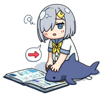 black_pantyhose blue_eyes book commentary_request grey_hair grey_sailor_collar grey_skirt hair_ornament hair_over_one_eye hairclip hama!_(3toshinhmkz) hamakaze_(kancolle) kantai_collection neckerchief no_nose pantyhose pleated_skirt sailor_collar school_uniform seiza serafuku short_hair simple_background sitting skirt spoken_arrow stuffed_animal stuffed_shark stuffed_toy white_background yellow_neckerchief