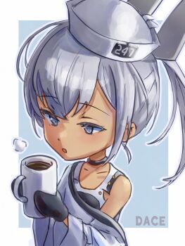 1girl absurdres black_mittens black_one-piece_swimsuit character_name commentary_request cup dace_(kancolle) dixie_cup_hat grey_eyes grey_hair hat highres kantai_collection military_hat mittens mug one-piece_swimsuit shirt side_ponytail solo swimsuit swimsuit_under_clothes upper_body white_hat white_shirt yan_(y_yang)