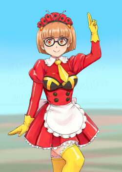 1girl apron arm_up breasts commentary_request dress electro_wave_human_tackle frilled_apron frills glasses gloves highres kamen_rider kamen_rider_stronger_(series) looking_at_viewer maid maid_headdress necktie orange_eyes puffy_sleeves red_dress red_hair short_hair short_necktie solo standing thighhighs ueyama_michirou white_apron yellow_gloves yellow_necktie yellow_thighhighs