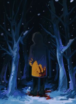 1boy adachi_tooru bare_tree black_pants blood blood_on_clothes coat commentary_request forest from_behind full_body highres hood hood_up j0566 long_sleeves male_focus nature night outdoors pants persona persona_4 snow snowing solo tree winter yellow_coat