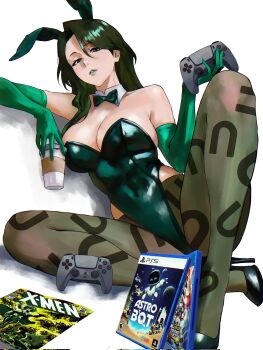 1girl animal_ears astro_bot_(series) bion_(insomn_bion) black_leotard bow bowtie breasts cleavage controller cup cyclops_(x-men) detached_collar elbow_gloves fake_animal_ears fake_tail female_focus game_console game_controller gloves green_bow green_bowtie green_eyes green_gloves green_hair green_leotard green_lips green_theme highleg highleg_leotard highres holding holding_controller holding_cup holding_game_controller large_breasts leotard long_hair looking_at_viewer marvel marvel_vs._capcom pantyhose parted_lips playboy_bunny playstation_5 polaris_(x-men) rabbit_ears rabbit_tail ryu_(street_fighter) solo strapless strapless_leotard street_fighter tail wrist_cuffs x-men