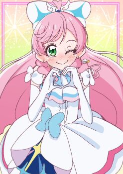 Rule 34 | 1girl, ;), akizora (aki precure), ascot, bad id, bad twitter id, blue bow, bow, braid, brooch, center frills, closed mouth, commentary, cowboy shot, cure prism, dress, dress bow, earrings, elbow gloves, frills, glove bow, gloves, green eyes, hair bow, heart, heart hands, hirogaru sky! precure, jewelry, layered dress, long hair, looking at viewer, magical girl, medium dress, mismatched earrings, nijigaoka mashiro, one eye closed, pink hair, precure, side braids, sleeveless, sleeveless dress, smile, solo, standing, stud earrings, very long hair, white ascot, white bow, white dress, white gloves, wing brooch