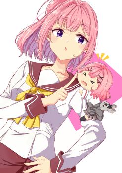 &gt;_&lt; amaori_haruna amaori_renako cardigan cardigan_around_waist chibi clothes_around_waist hair_ornament highres koala mini_person minigirl mono9ron pink_hair ponytail school_uniform serafuku watashi_ga_koibito_ni_nareru_wake_naijan_murimuri!